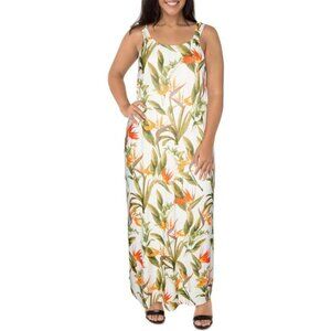 2Dye4 Tropical Floral Maxi Dress – White with Orange & Green Print – Women’s - M
